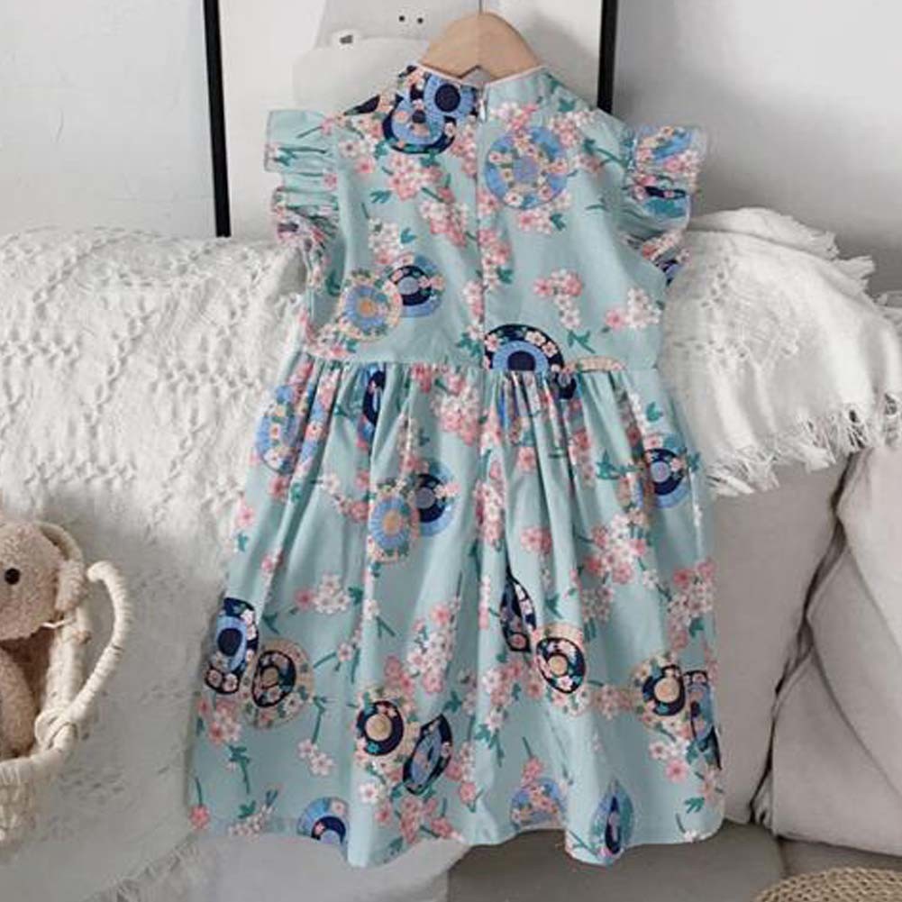 Vintage Girls' Cheongsam Dress Summer Blue Flower Chinese Style Hanfu Princess Dress